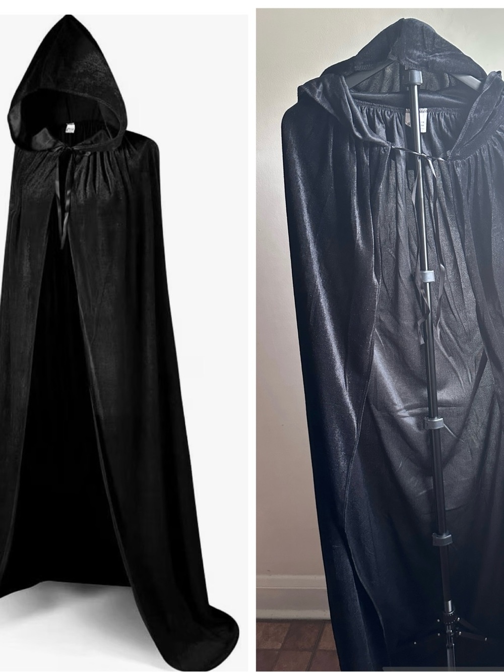 Women's Black Velvet Hooded Cloak Cape - Elegant Draped Outerwear